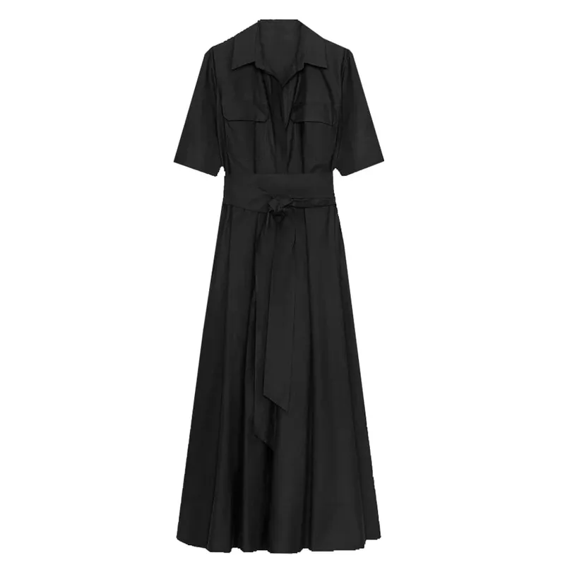 Chic Solid Short Sleeve Lapel Long Dress For Women Elegant Single Breasted Waist Maxi Dress Lady Holiday Evening Party Vestidos
