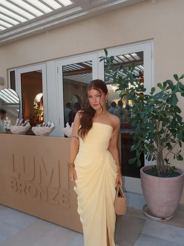 Mingmingxi lente zomer gele strapless maxi-jurk ruches hoge split avondjurk bodycon bruiloft gast feestjurk dames