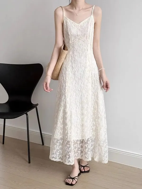 Lace Sling Dress Women Summer New Embroidered Sweet Simple Basic Party Elegant Female Sleeveless Long Dress — image 4