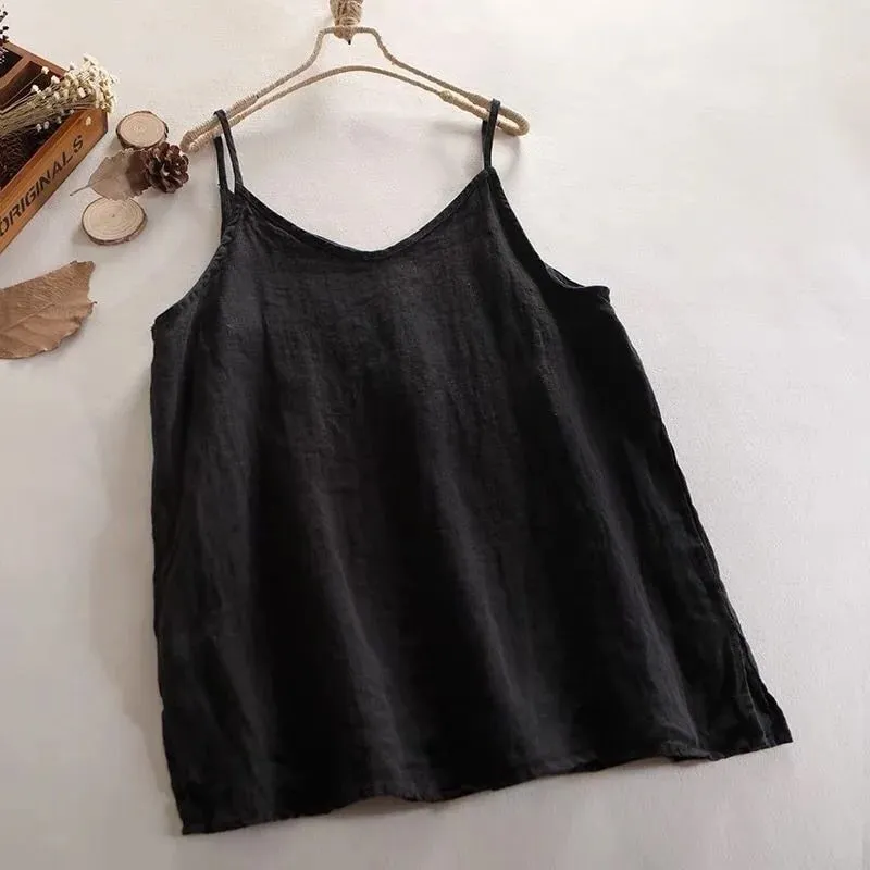 Summer Simple All-match Top Loose Thin Camisole Solid V-neck Vest Women Clothing Sleeveless Casual Highstreet Holiday T-shirt