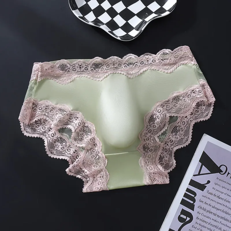 ผู้ชายสามเหลี่ยมกางเกงลูกไม้ Trim ผีเสื้อดอกไม้รูปแบบบาง Super สบาย U Bulge POUCH Breathable โปร่งใส Underwe