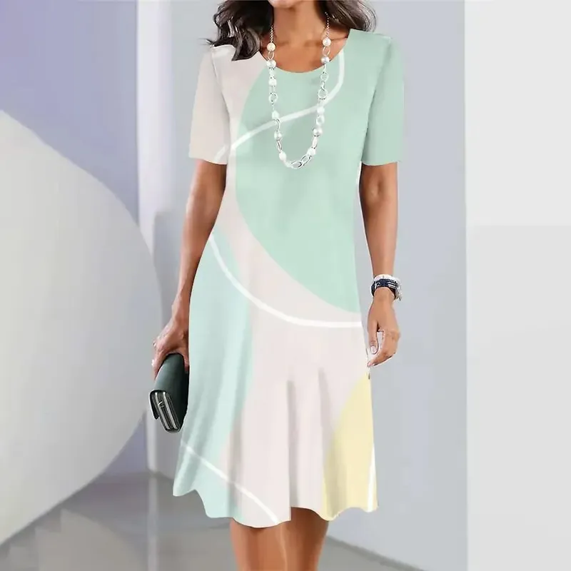 New Geometric Curve Graphic Print Women's Dresses Elegant Loose Short Sleeve O-Neck Summer Dresses Female Fashion Sundress — image 11