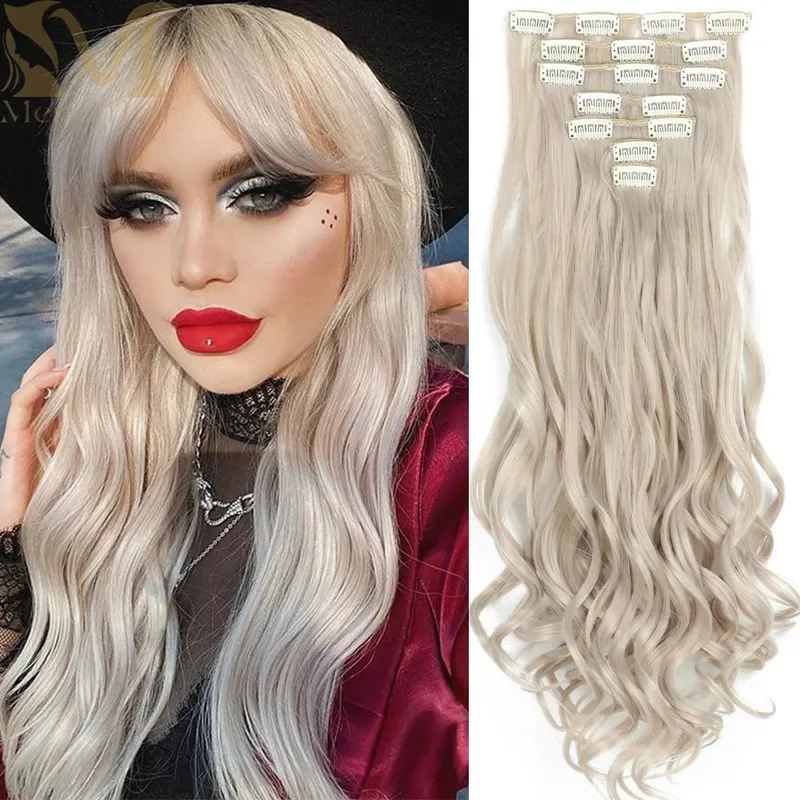 Synthetic 7Pcs/Set 22" Wavy Hairpiece Straight 16 Clips Hair Extensions Heat Resistant Styling False Hair — image 1