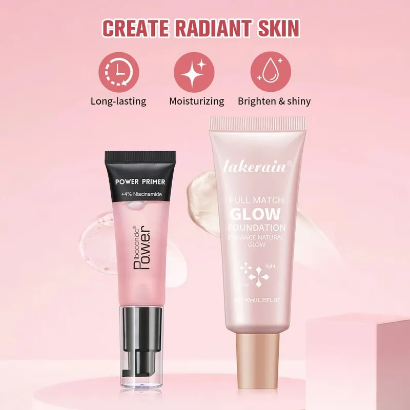 Powder Grip Primer Gel & Glow Foundation Makeup Kit Hydrating Smoothing Skin Lightweight Brighthen Shiny Fase Cosmetics Combo — image 6