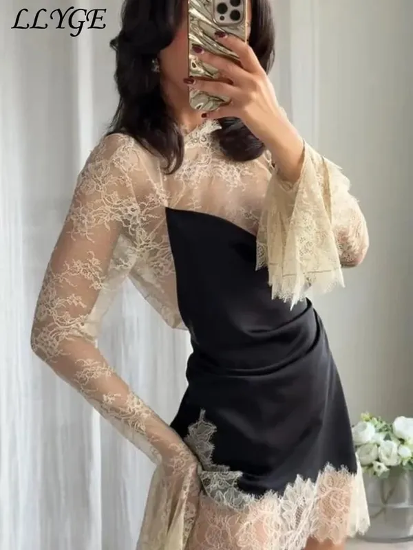Elegant blonde patchwork kort kjole kvinder se gennem høj krave flare ærmer festkjoler 2025 efterår dame aftenkåber — image 2