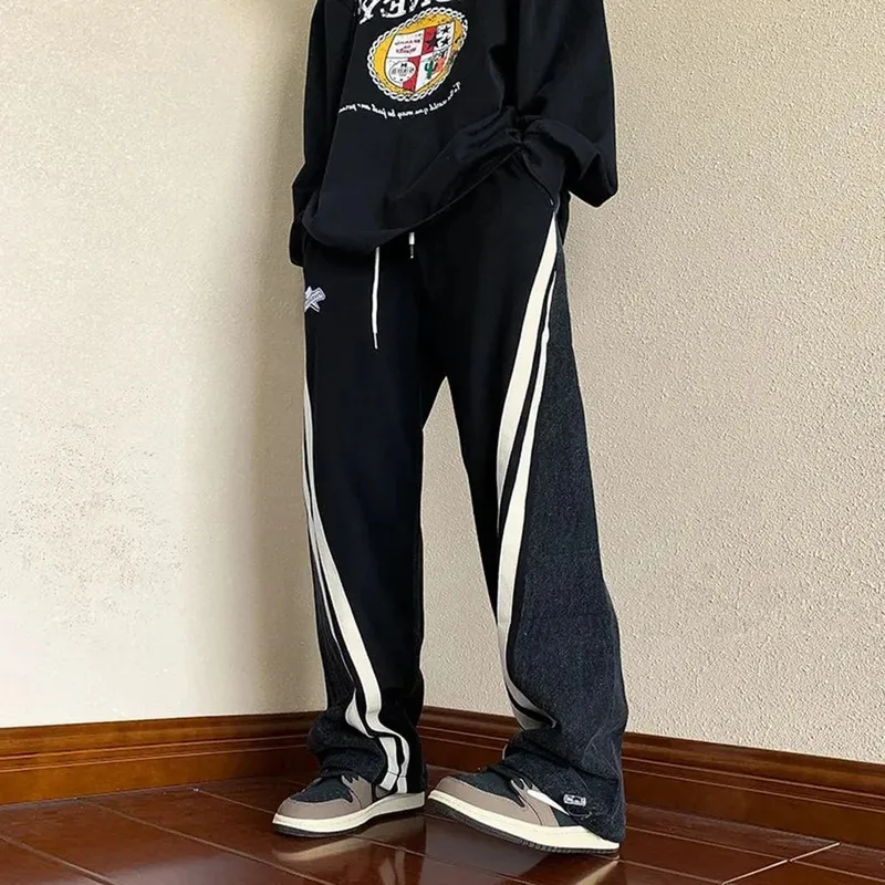 Mens Y2K Tracksuits Denim Drawstring Casual Pants Street Straight Pants Unisex Fashion Stitching Contrast Jeans Hip-Hop Trousers — image 5