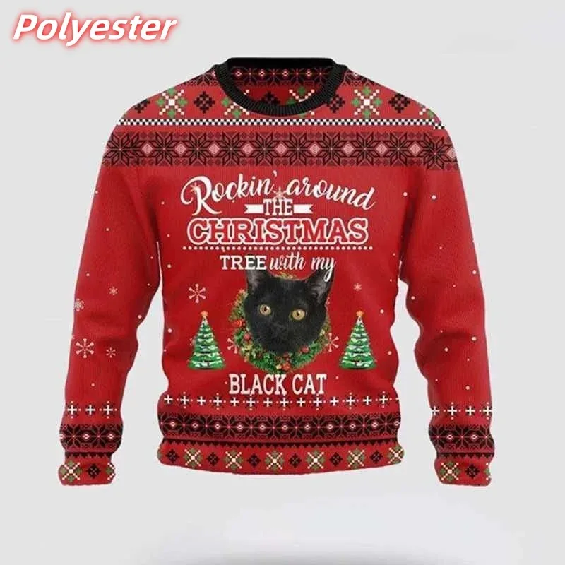 Felpa con cappuccio da uomo con fiocco di neve con gatto stampato in 3D Felpa con motivo regalo di Natale Pullover casual a maniche lunghe con cappuccio girocollo