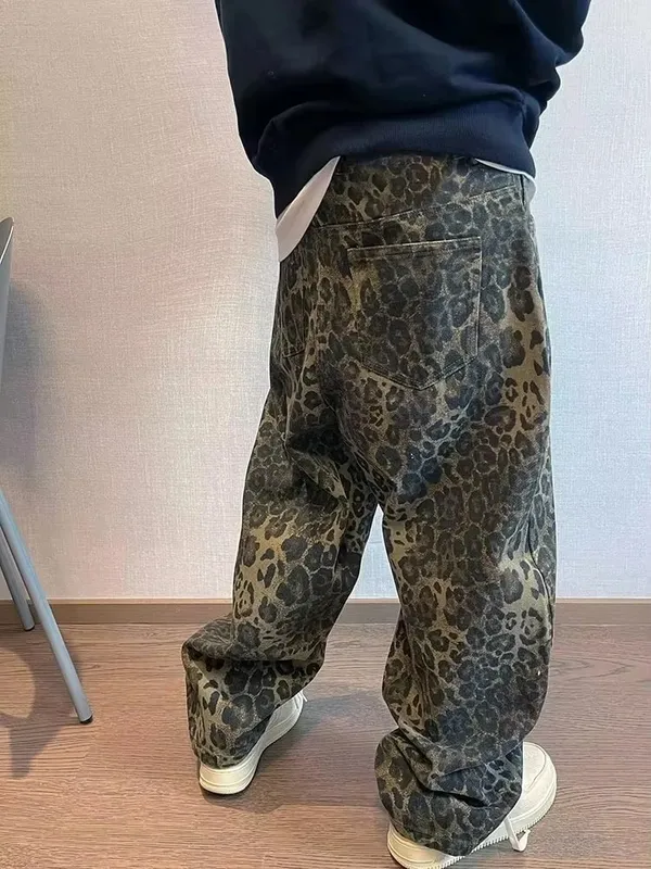 Autumn Tan Leopard Jeans Men Denim Pants Male Oversize Wide Leg Trousers Streetwear Hip Hop Vintage Loose Casual Animal Print — image 6