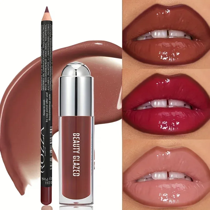 2Pcs Lip Liner Lip Gloss Set Longlasting Natural Nude Lip Glow Waterproof Lip Oil — image 3