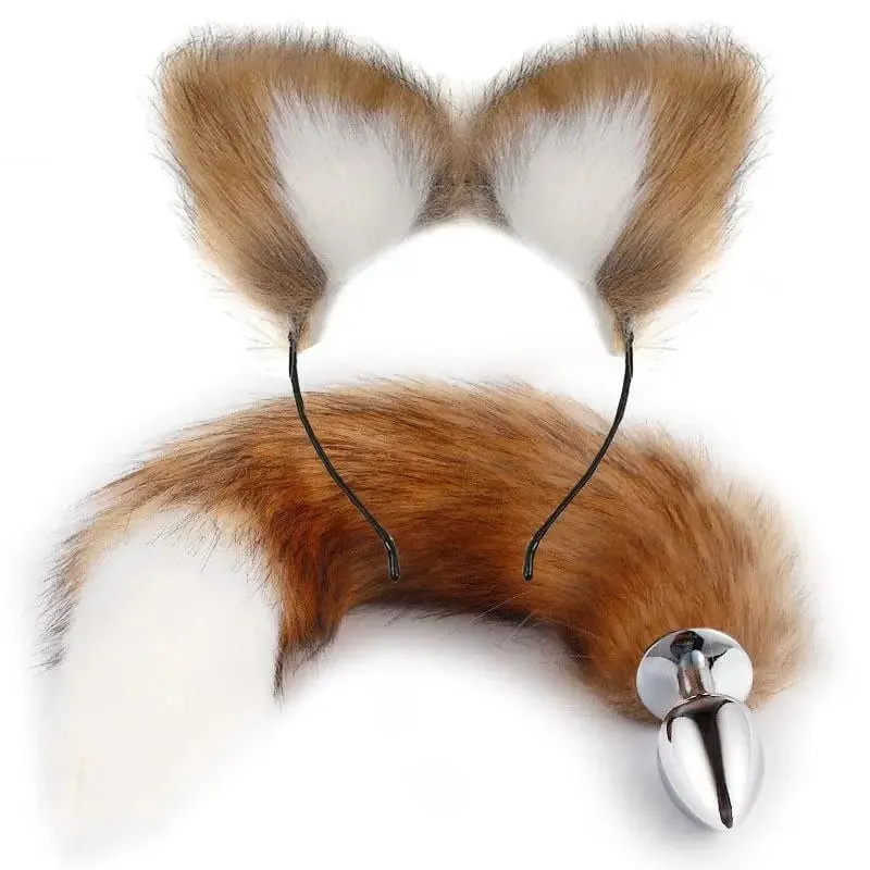 40cm Fox Tail anální kolík plyšové kočičí uši Čelenky Set anální kolík do ocasu Erotické Cosplay Sexuální hračky Ženy Anální masturbace