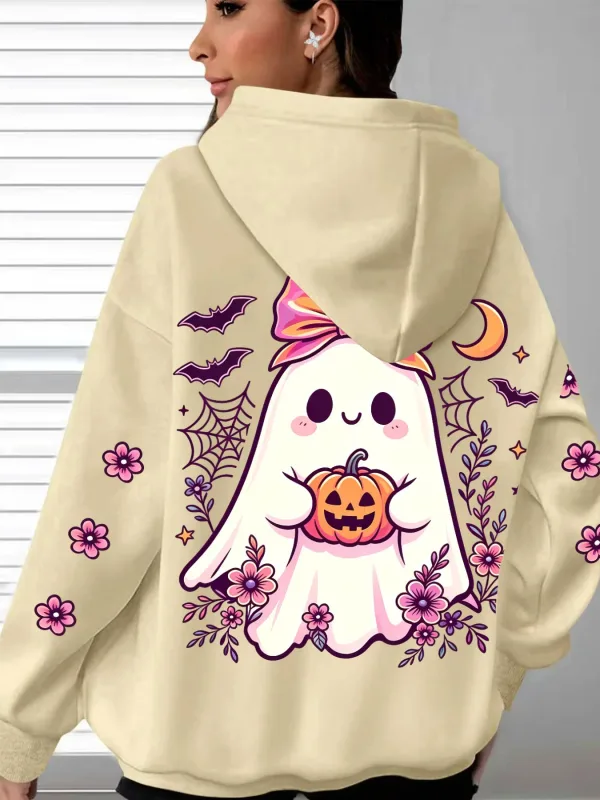 Women's Hooded Cute Ghost Hugging Pumpkin Halloween Theme Printed Hoodie Casual Long Sleeve Pocket Halloween Hoodies — image 10