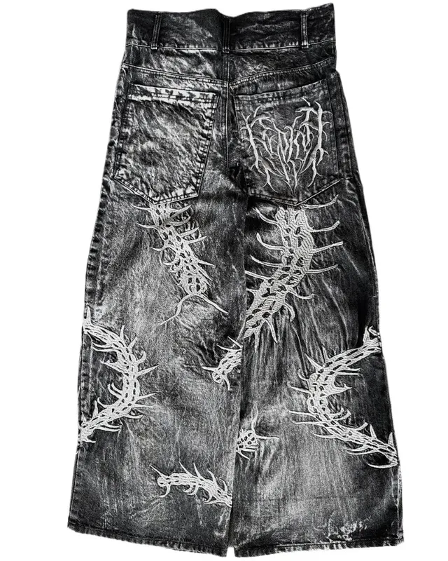 90s Gothic Centipede Embroidery Washed Oversized Wide-Leg Pants Jeans Men Y2K New Harajuku Punk Hip-Hop Rock Couple Street Wear — image 2