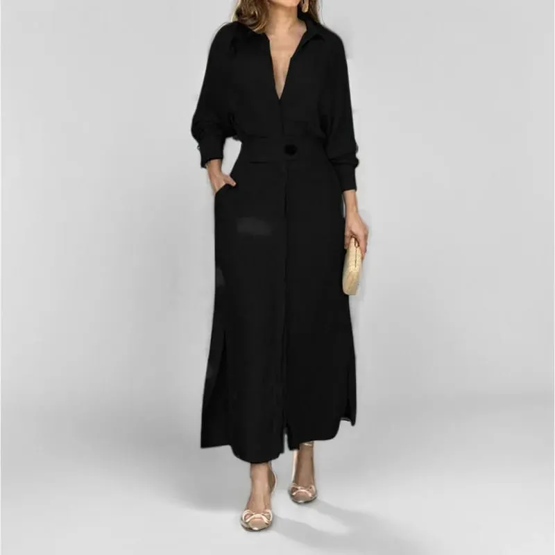 Women's Dress Autumn New Fashion Elegant Long Sleeve Leisure Solid Color V Neck Sexy Ladies Shirt Dresses Commuting Streetwear — image 6