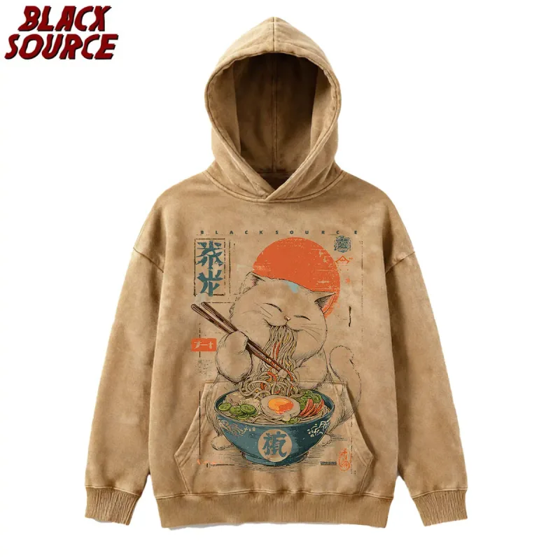 T0220 Cute Ramen Japanese Cat Hoodie, Unisex Cartoon Graphic Pullover Sweatshirt, Casual Streetwear Loose Fit Daily Wear
