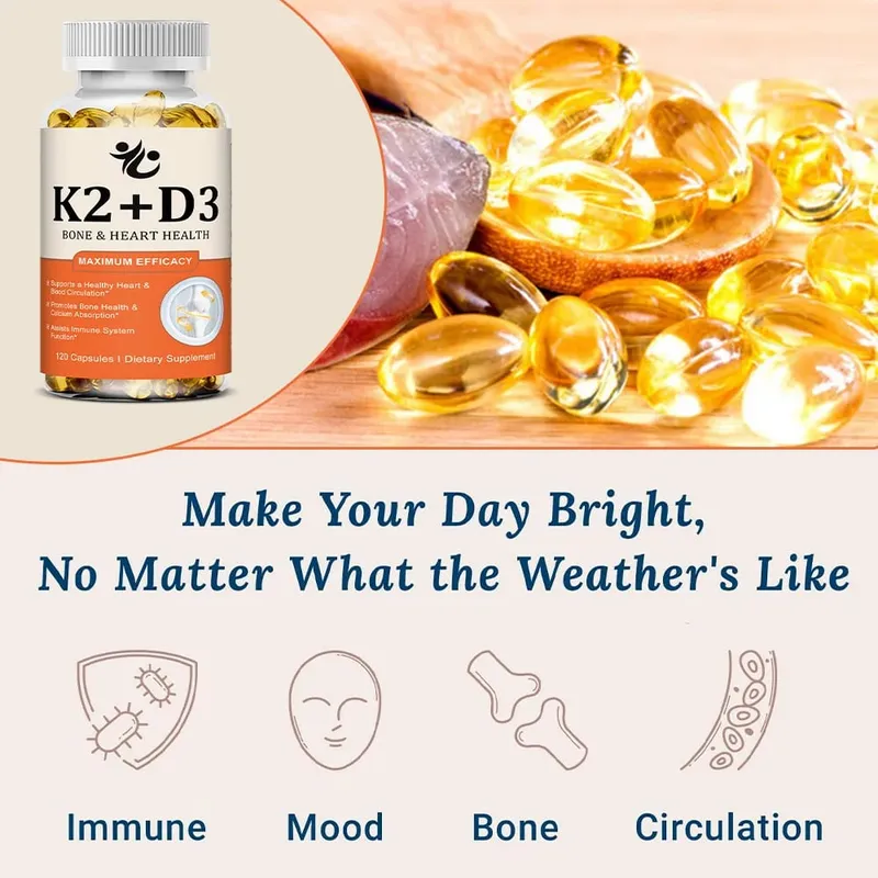 Vitamin D3 + K2-kapsler understøtter calciumabsorption Knogler og led Wellness Hjerte-kar-funktion og immunsystemets sundhed — image 3