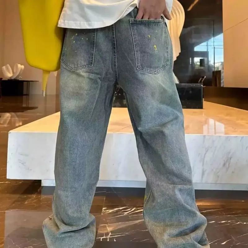 New Washed Jeans for Autumn and Winter Men Hand-painted Inkjet Print Fashionable and Versatile Old Casual Straight Pants — image 3