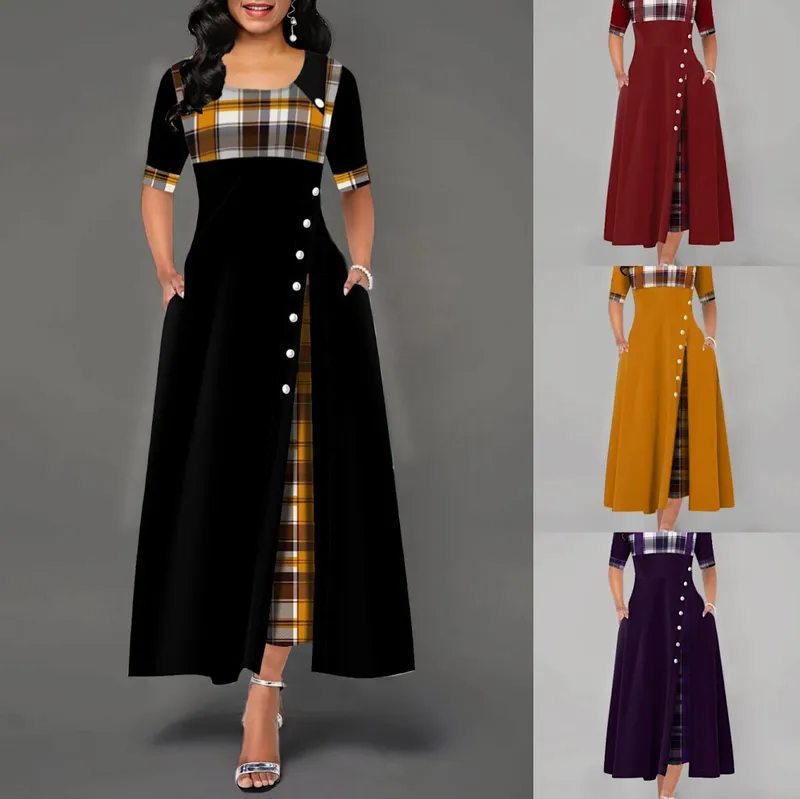 Women's Irregular Lattice Patchwork Long Dresses Vintage Buttons O Neck Half Sleeves Casual Lady Commuting Dress Fashion — image 7