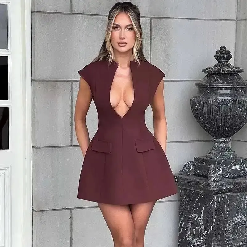 Townlike Pocket Elegant A-line Dress Women Mini 2024 Spring Summer Dress Deep V Neck Nightclub Sexy Party Dresses Vestidos — image 5