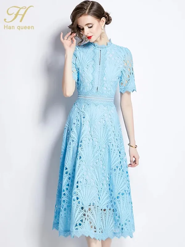 H Han Queen Spring New Elegant Casual Work Party Dresses Floral Crochet Hollow Out Lace Patchwork Casual Office Midi Dress
