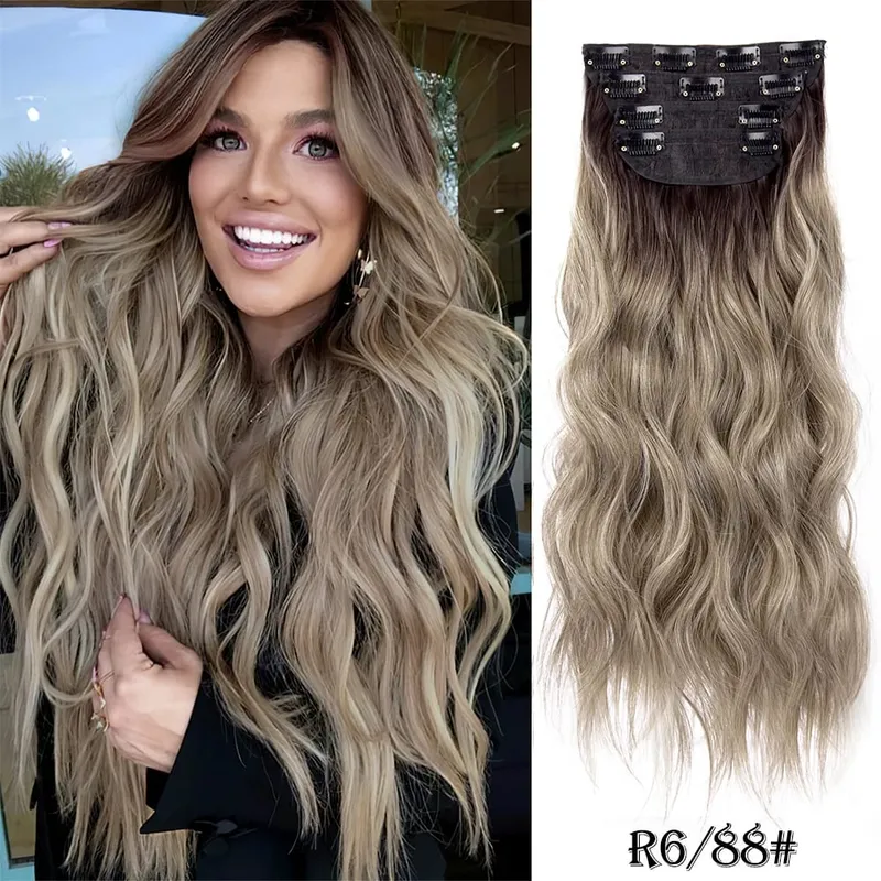 Leeons Wavy Clip In Hair Extensions 4 PCS Natural Soft Long Wavy Hairpieces Thick Double Weft Clip In Hair Extensions For Woman — image 19