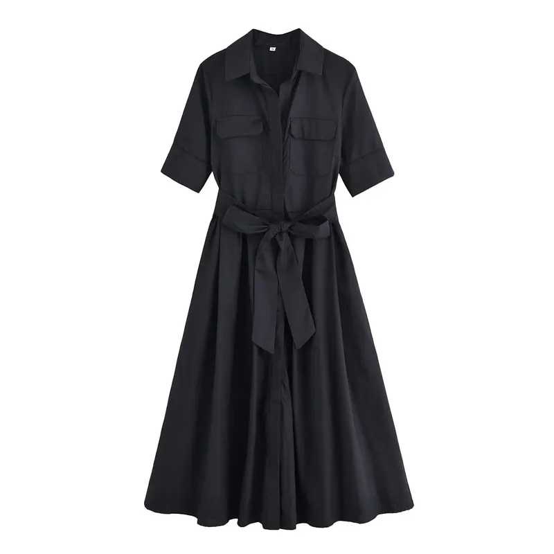 HH Women Summer Lapel Short Sleeve Pocket Single-Breasted Belt Decorate Midi Dress Female Fashion Shirt Style Pleated Dress — image 8