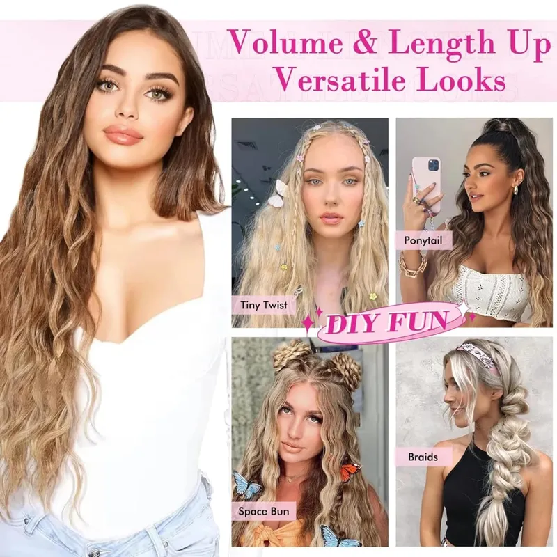 6PCS Clip In Hair Extensions Water Wave 20inch Long Synthetic Clip On Hairpiece Corn Wavy Style For Women Girls Daily Party