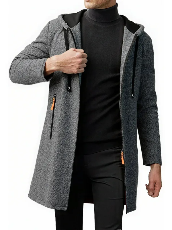 2Pcs Set Men Mid-Length Full Zip Hooded Jacket Fleece Lined Warm Coat with Drawstring Hood & Zipper Pockets Casual Outerwear for Fall Winter Daily Wear