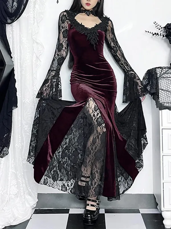 AltGoth Αισθητικό γοτθικό μίντι φόρεμα Γυναικείο Vintage Κομψό δαντέλα Συνονθύλευμα See Through Flare Sleeve ψηλόμεσο Clubwear Femme — image 7