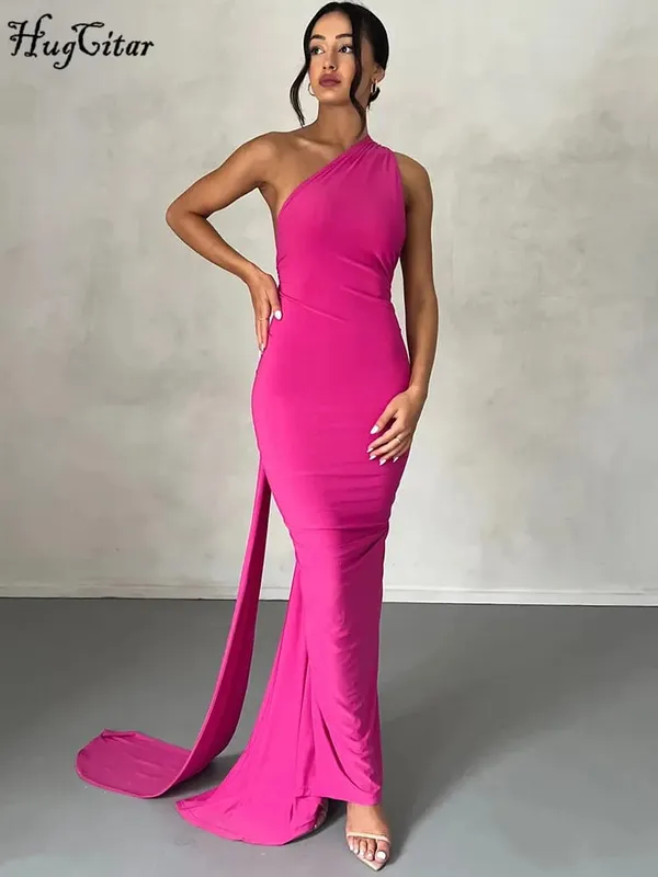 Hugcitar One Shoulder Backless Adjustable Scarf Loop Ruched Sexy Maxi Dress Women Elegant Y2K Streetwear Festival Outfit — image 2