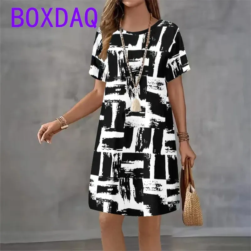 2025 New Women's Dresses Graphic Print Elegant Beautiful Mini Dresses Female Summer Loose Short Sleeve O-Neck Print A-Line Dress