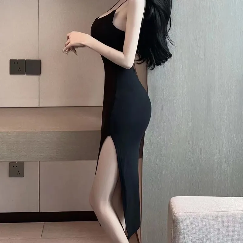 Sexy Camis Y2K Mid Dress Women Summer Vintage Y2K Backless Split Kpop Dresses Woman Evening Party Navy Black off Shoulder Cloth — image 3