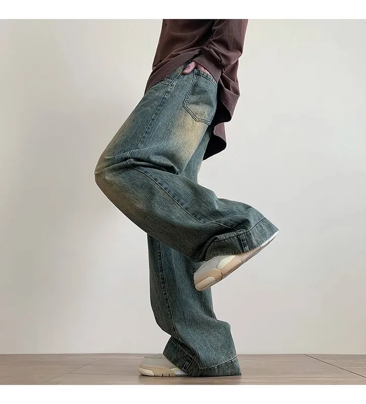 Distressed Vintage Blue Jeans Pants Men Wide-leg Denim Trousers Male Oversize Streetwear Fashion Casual Baggy Straight Jeans — image 3