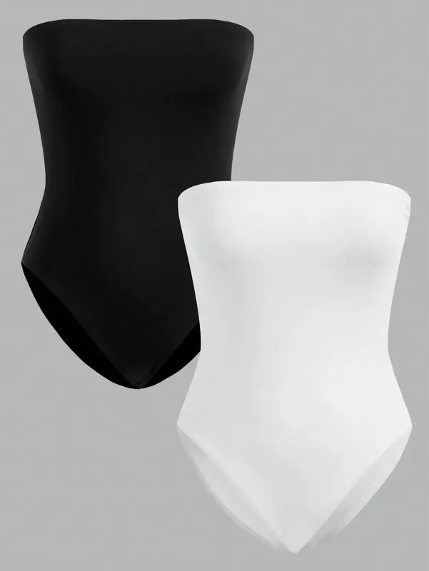 2 Pieces Women’s Seamless Strapless Bodysuits – Black & White Slim Fit Tube Top Style Comfortable Stretch Fabric — image 1
