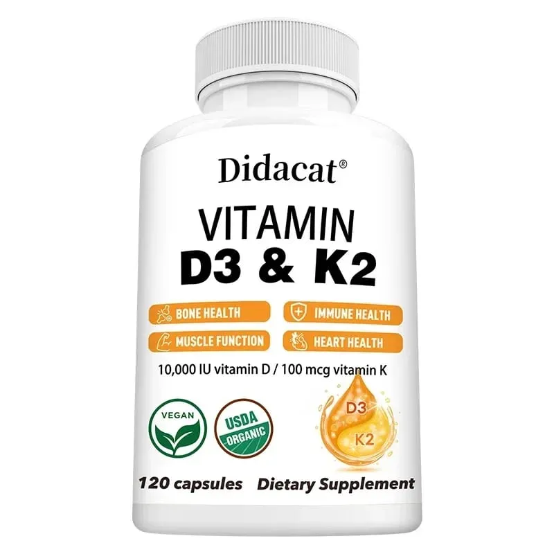 Vitamin D3+K2 Supplement 10000IU Vitamin D3 and K2 (MK-7) Capsules for Bone Heart Muscle Immune Support Non-GMO