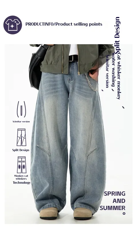 Autumn Retro Structured Split Washed Distressed Curved Jeans with Men's Silhouette Loose Straight Leg Pants Trendy Street Style — image 7