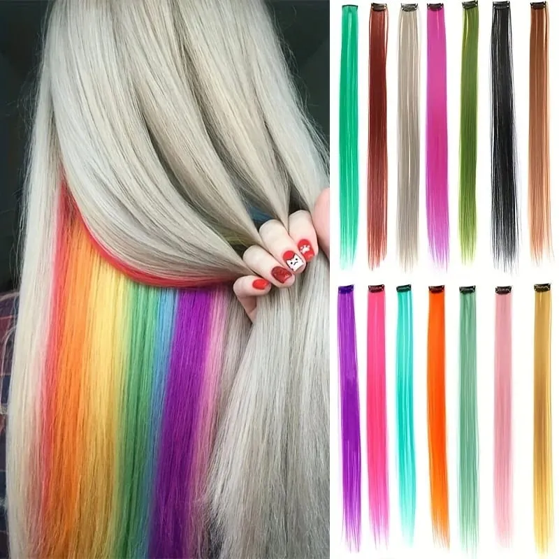 Clip in Hair Extensions 22 Inch Colored Hair Extensions Party Highlights Long Straight Synthetic Hairpieces for Women Kids Girl — image 2