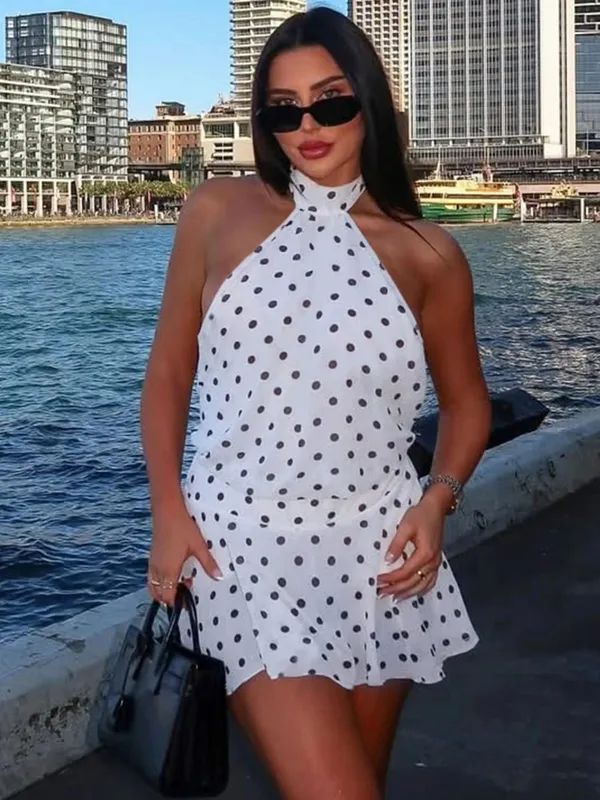 Hugcitar Puntíkatý tisk Ohlávka Bez rukávů Bandáž na záda Sexy Slim Mini Šaty Léto Ženy Módní Outfit Party Dovolená — image 4