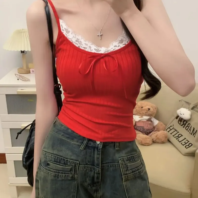 Sexy Patchwork Lace Trim Camis Top Sweet Casual Slim Solid V-Neck Sleeveless Cute Tank Tops Women 2025 Summer Streetwear Lady — image 10