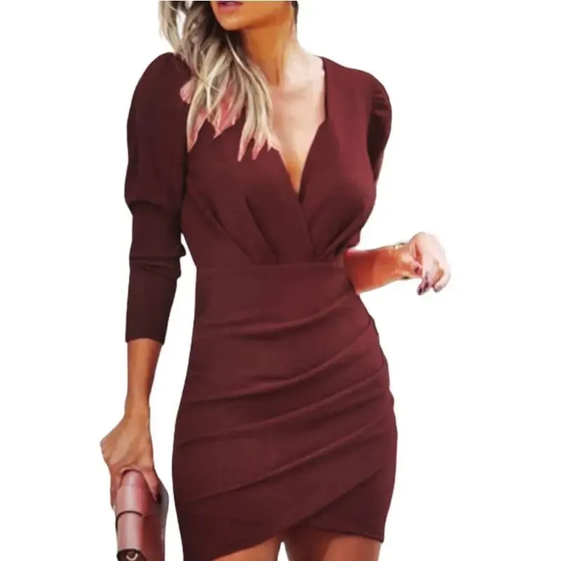 2024 burst waist show thin solid color v-neck long sleeve tight skirt folk wind nightclub dress woman — image 4