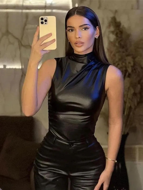 Women Y2K Vintage Pu Simple Basic Tank Top High Waist Skinny Shrunk Slash Cut Sleeveless Tops Versatile Noble Shirts — image 5