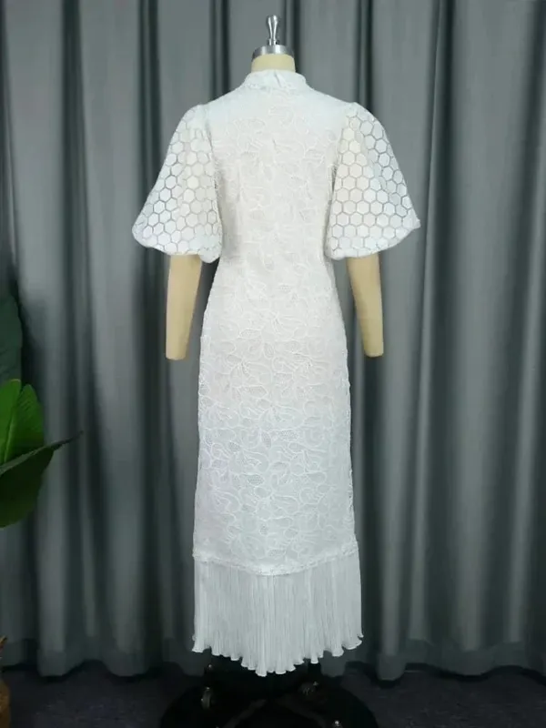 White Lace Dresses for Women Wedding Guests Elegant Turn Down Collar Puff Sleeves Pleated Hem Midi Dress Luxury Occasion Clothes — image 4