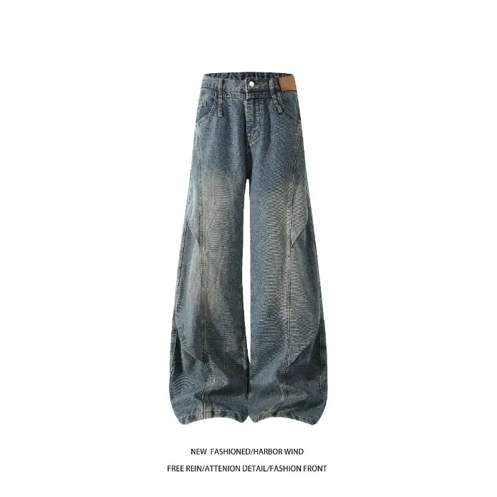 Men 2026 American Style Wide Leg Scimitar Jeans Contrast Stitch Spliced Pleated Design Loose Casual Long Denim Pants For Male — image 9