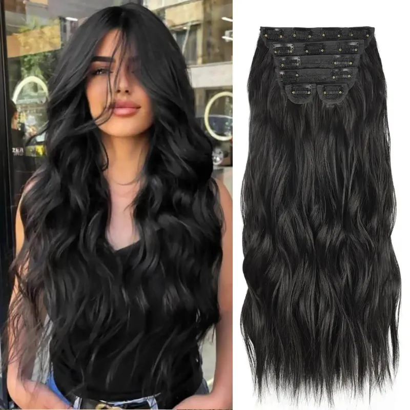 Synthetic Long Wavy Clip In Hair Extensions 20" Thick Hairpiece 6pcs/set For Women Brown Blonde Black Natural Fake Fiber Hair