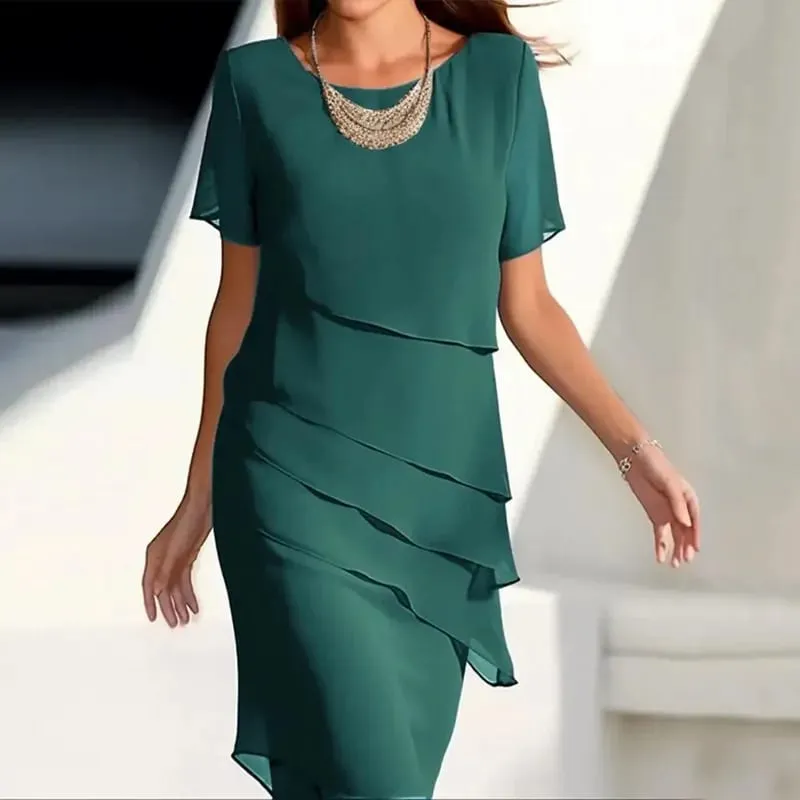 New Women's Dress O-neck Short-sleeved Ruffle Elegant Solid Color Simple Fashiona Midi Skirt — image 5