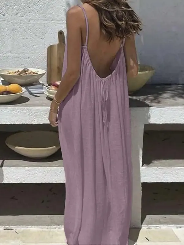 2026 New European & American Cross‑border Women’s Wear Solid Color Loose Casual Versatile Slip Backless Maxi Dress — image 12