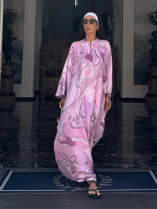 Oversized Women's Print Kaftan Maxi Dress With Pink Pattern Loose Fit Full Sleeve Long Dresses Summer Beach Vacation Outfit Robe — image 3