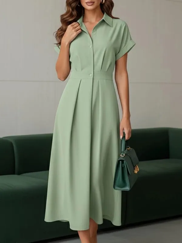 Elegant Chic Women Long Dresses Casual Short Sleeve Collared High Waisted Casual & Day Shirt Dress Solid Color S-3XL — image 5