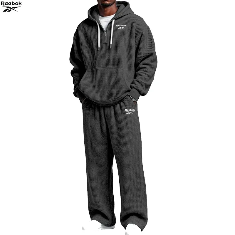 2026 Reebok Brand Spring-Autumn Men's Hooded Sweatshirt Set - Retro Solid Color Loose Fit Street Style Half-Zip Hooded Shirt - C — image 14