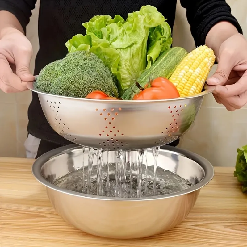 3pcs Stainless Steel Multi-Functional Kitchen Grater Set Draining Bowl with Vegetable Washing Mandoline Slicer for Potato — image 2