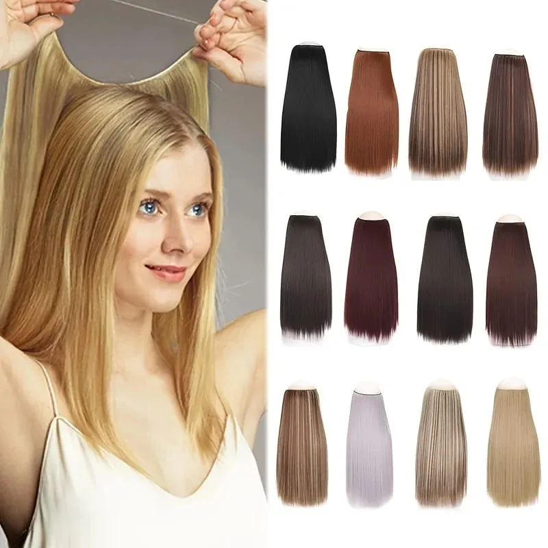 Extensões de cabelo sintético sem clipes falso ombre loira marrom preto natural cabelo reto falso peruca para mulher